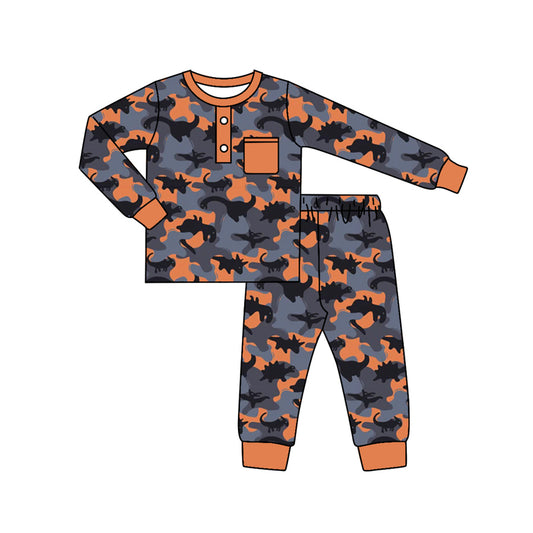 Baby Boys Orange Grey Dinosaurs Camo Top Pants Pajamas Clothes Sets Preorder