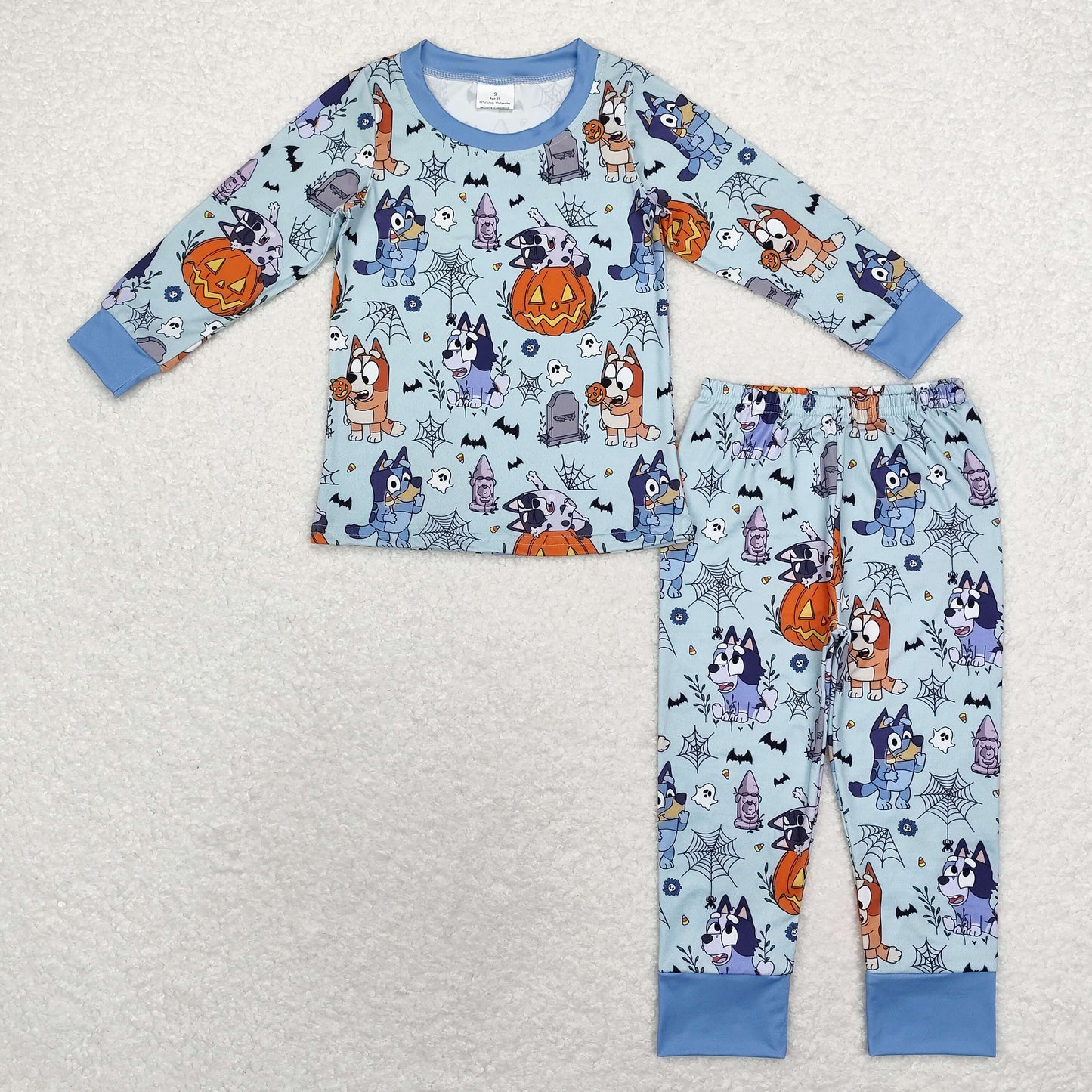 Sibling Baby Boys Blue Dogs Ghost Pumpkins Top Pant Halloween Pajamas Set Zip Rompers