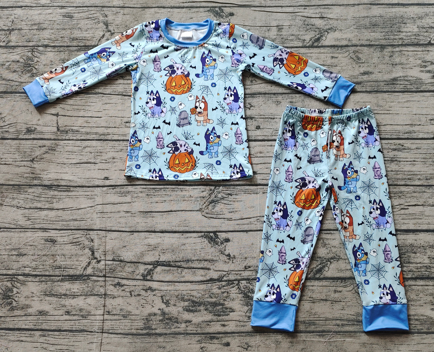 Baby Kids Halloween Blue Dogs Spider Top Pants Pajamas Clothes Sets