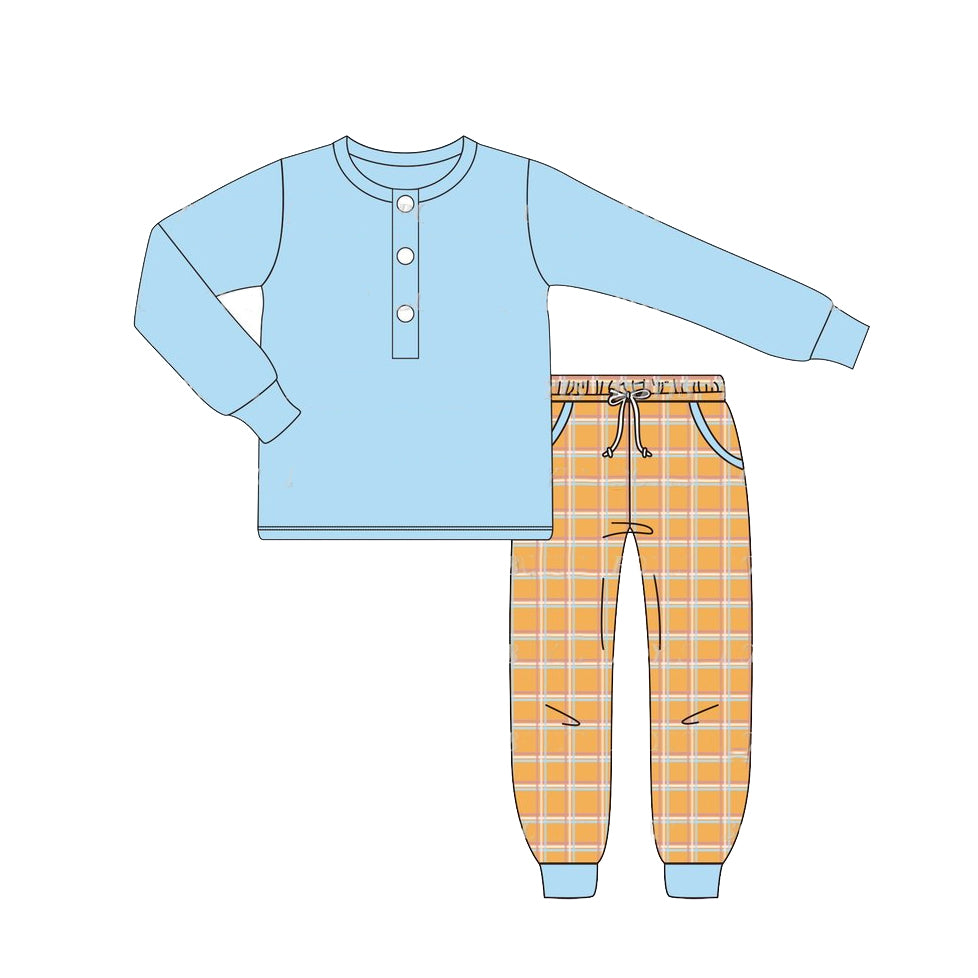 Baby Boys Blue Buttons Top Checkered Pockets Pants Clothes Sets Preorder