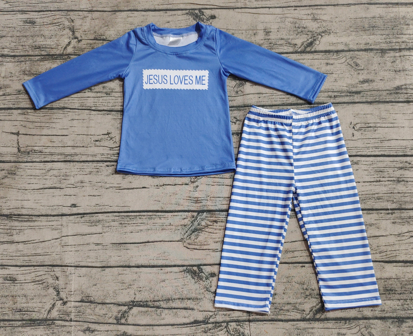 Baby Boys Blue Stripes Jesus Loves Me Top Pants Clothes Sets