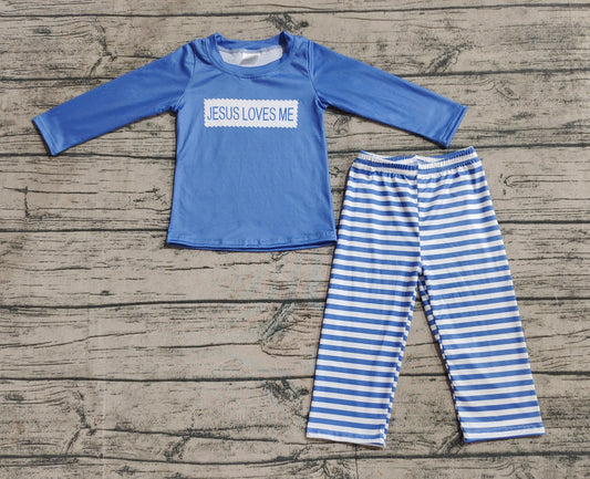 Baby Boys Blue Stripes Jesus Loves Me Top Pants Clothes Sets