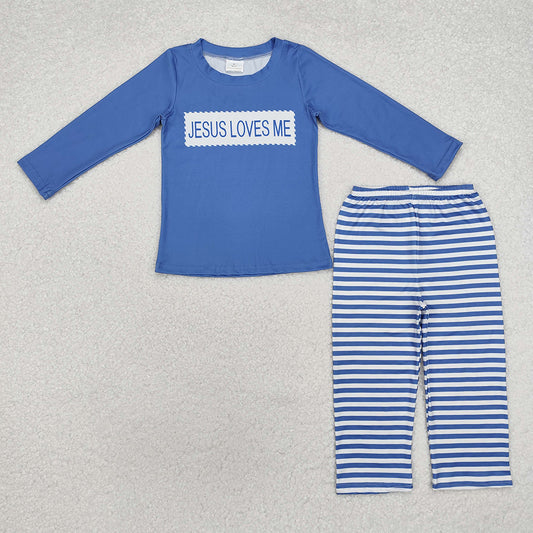 Baby Boys Blue Stripes Jesus Loves Me Top Pants Clothes Sets