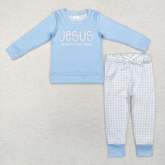 Baby Boys Blue Jesus Top Checkered Pants Clothes Sets