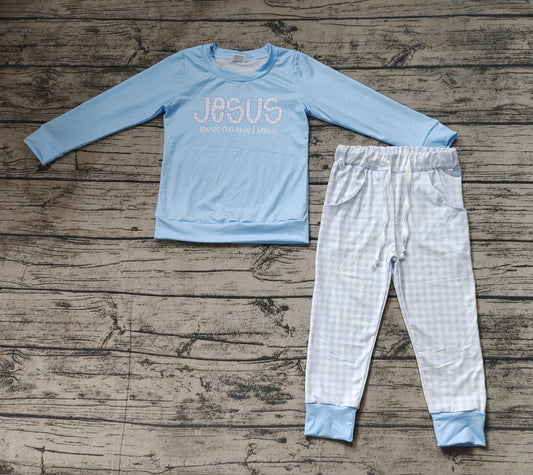 Baby Boys Blue Jesus Top Checkered Pants Clothes Sets