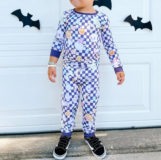 Baby Girls Boys Halloween Checkered Ghost Top Pants Pajamas Clothes Sets Preorder