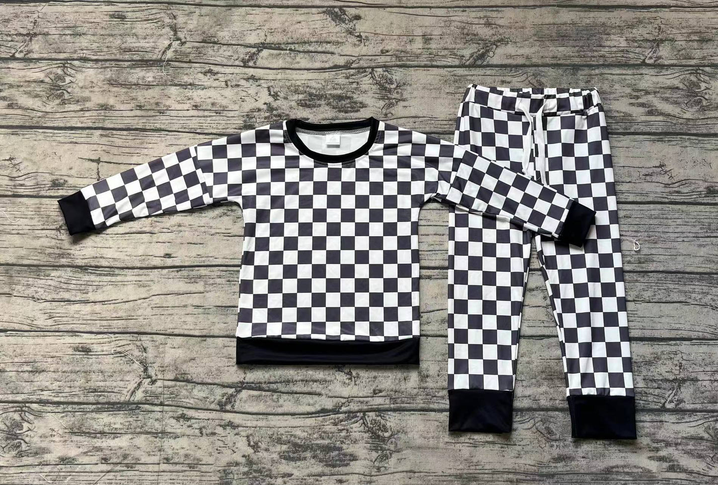 Baby Boys Black Checkered Top Pants Pajamas Outfits Sets