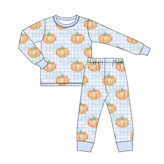 Baby Boys Blue Checkered Pumpkins Shirt Pants Pajamas Clothes Sets Preorder