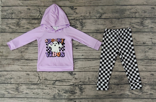 Baby Girls Halloween Spooky Hooded Top Checked Pants Outfits Sets