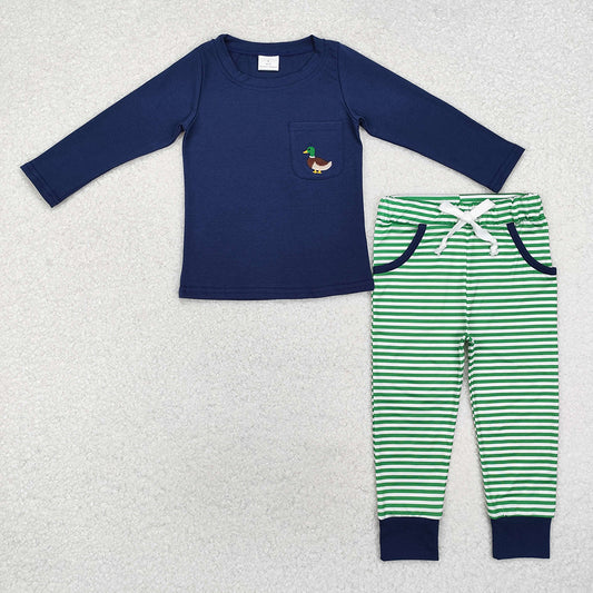 Baby Boys Blue Mallard Duck Pocket Top Stripes Pants Outfits Sets