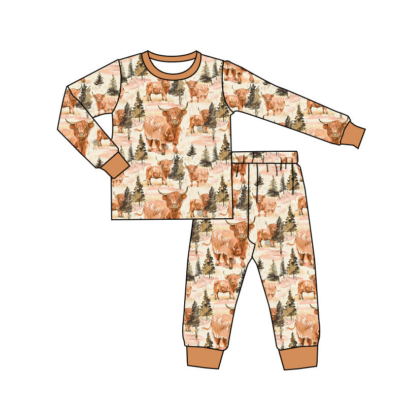 Baby Boys Western Highland Cow Forest Top Pants Pajamas Clothes Sets Preorder