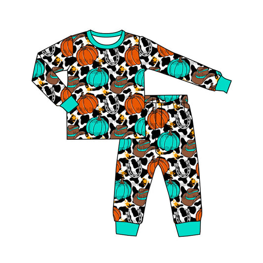 Baby Boys Western Pumpkin Cow Top Pants Pajamas Clothes Sets Preorder