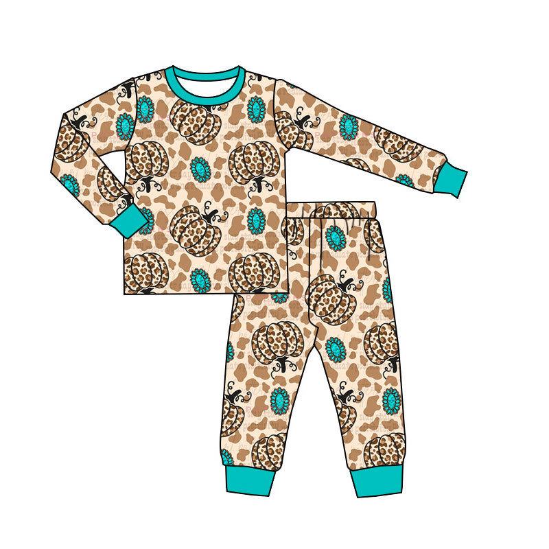 Baby Girls Pumpkins Leopard Top Western Pants Pajamas Clothes Sets Preorder