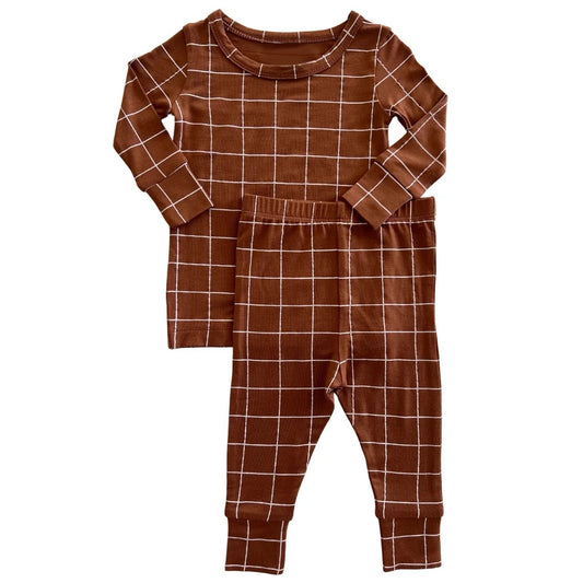 Baby Boys Fall Brown Checkered Top Pants Pajamas Outfits Clothes Sets Preorder