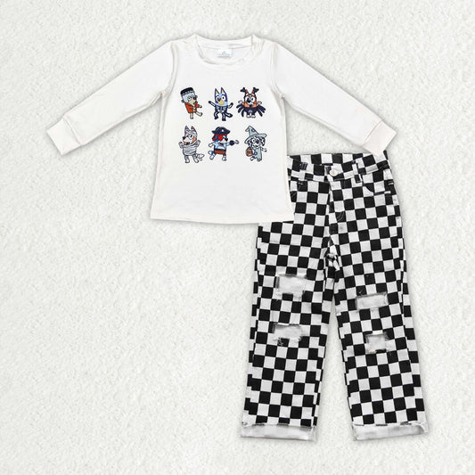 Baby Boys Dogs Halloween Black Checkered Denim Pants clothes sets