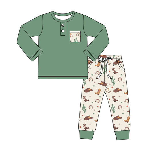 Baby Boys Western Green Pocket Top Boots Pants Clothes Sets Preorder