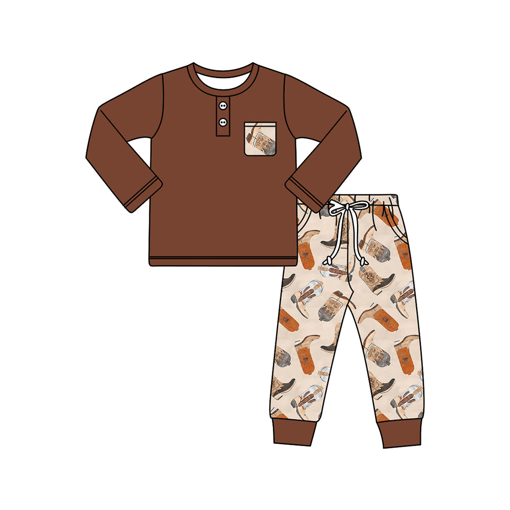 Baby Boys Western Brown Boots Pocket Top Pants Clothes Sets Preorder