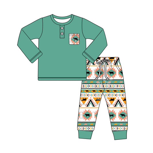 Baby Boys Western Pocket Top Aztec Cow Pants Clothes Sets Preorder