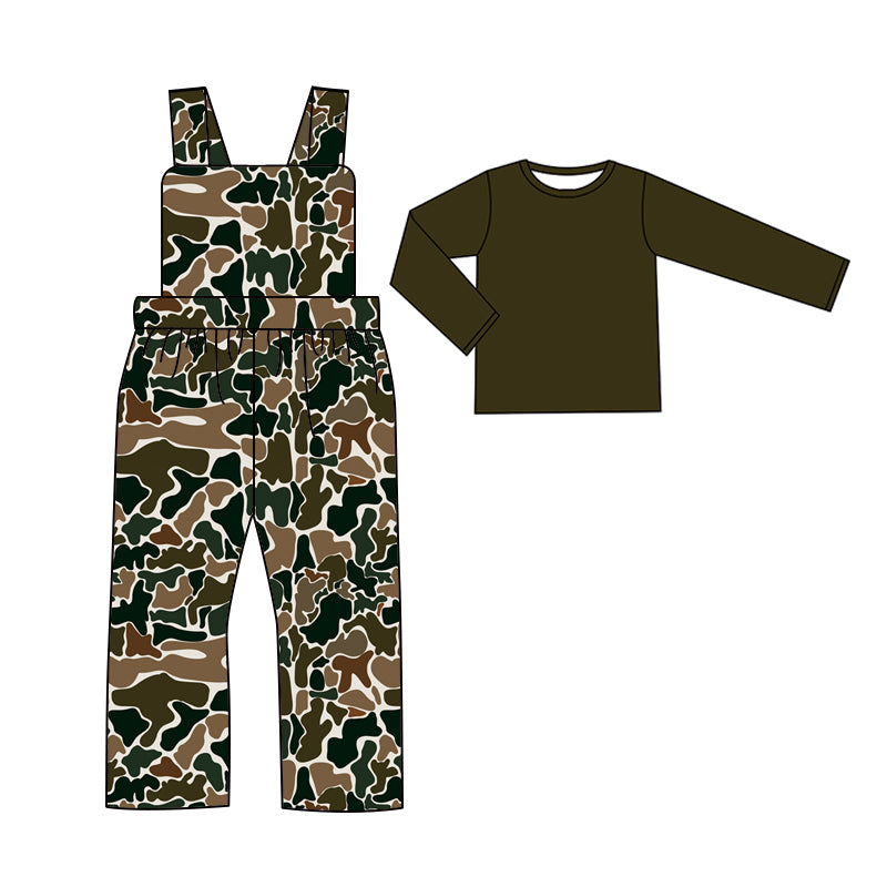 Baby Boys Dark Brown Camo Straps Jumpsuits Shirts 2pcs Clothes Sets Preorder