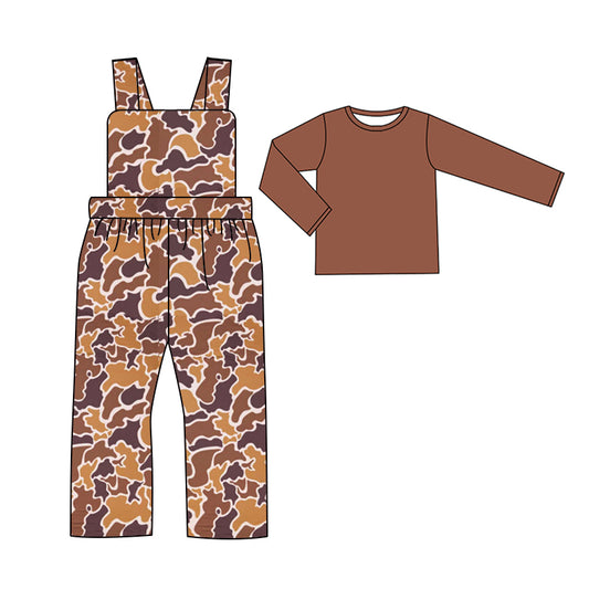 Baby Boys Bright Brown Camo Straps Jumpsuits Shirts 2pcs Clothes Sets Preorder