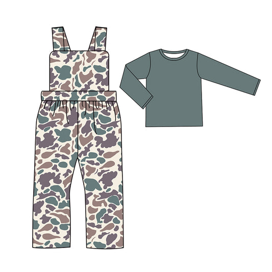 Baby Boys Green Brown Camo Straps Jumpsuits Shirts 2pcs Clothes Sets Preorder