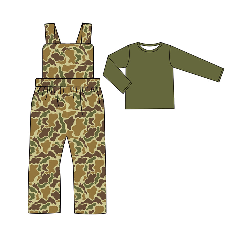 Baby Boys Green Dark Camo Straps Jumpsuits Shirts 2pcs Clothes Sets Preorder