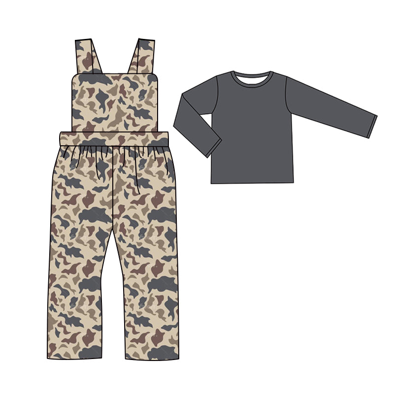 Baby Boys Grey Khaki Camo Straps Jumpsuits Shirts 2pcs Clothes Sets Preorder