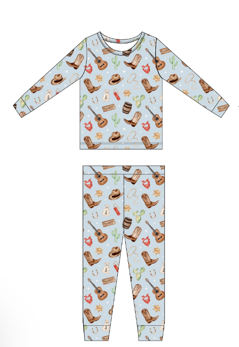 Baby Boys Cowboy Western Guitar Boots Top Pants Pajamas Clothes Sets Preorder