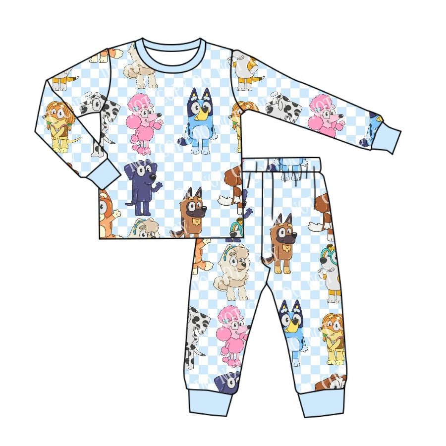 Baby Boys Blue Checkered Dogs Top Pants Pajamas Clothes Sets Preorder