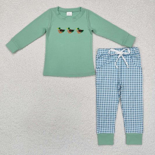 Baby Boys Green Ducks Tee Shirts Top Checkered Pants Clothes Sets