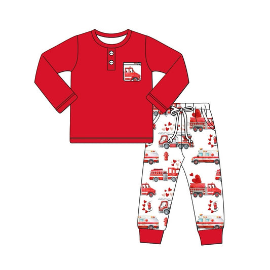 Baby Boys Firetrucks Valentines Red Tee Shirts Pants Outfits Clothes Sets Preorder