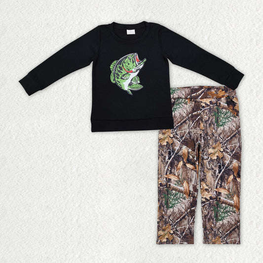 Baby Boys Black Fishing Shirts Tops Camo Pants Clothes Sets