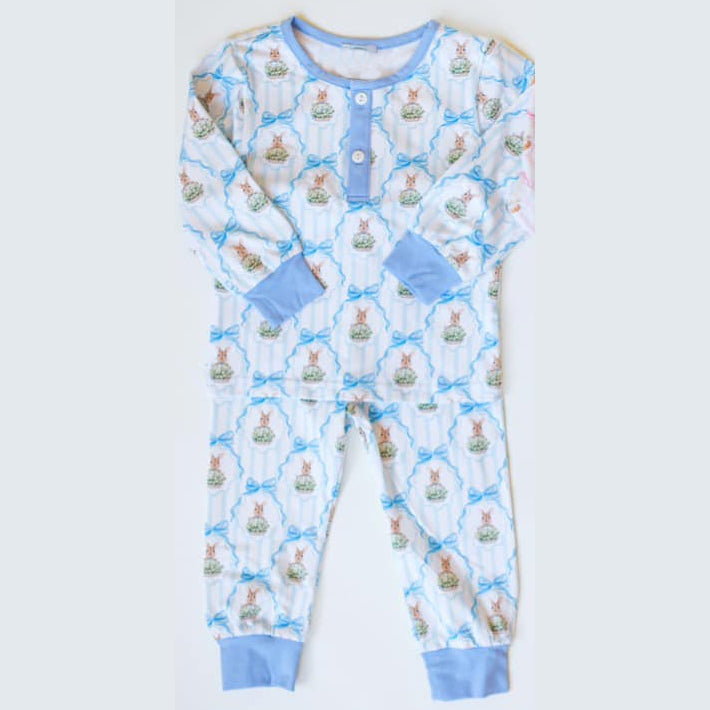 Baby Boys Blue Easter Rabbits Tie Shirt Pants Pajamas Clothes Sets Preorder