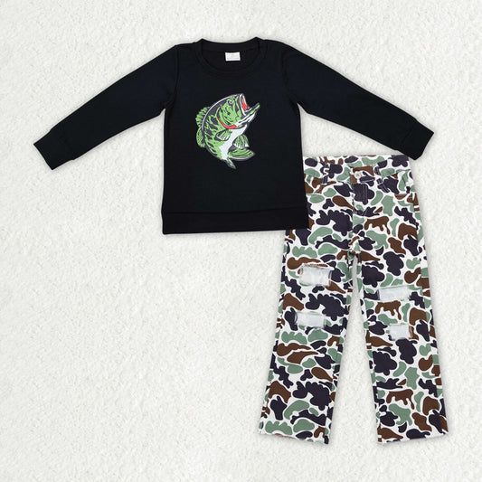 Baby Boys Fishing Black Tee Camouflage Distressed Denim Pants Clothes Sets