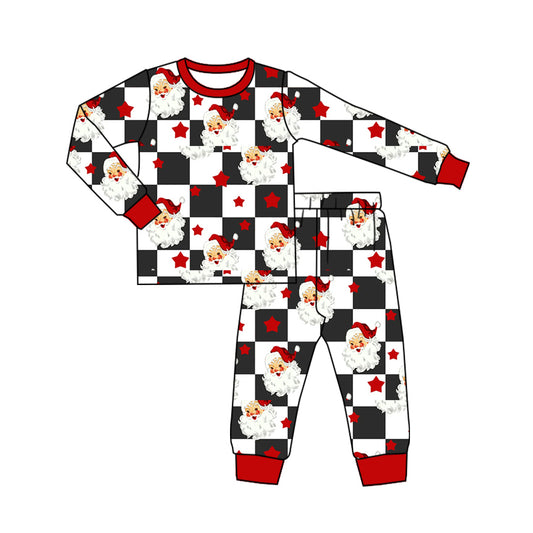 Baby Boys Long Sleeves Black Plaid Santa Stars Top Pant Pajamas Set Preorder