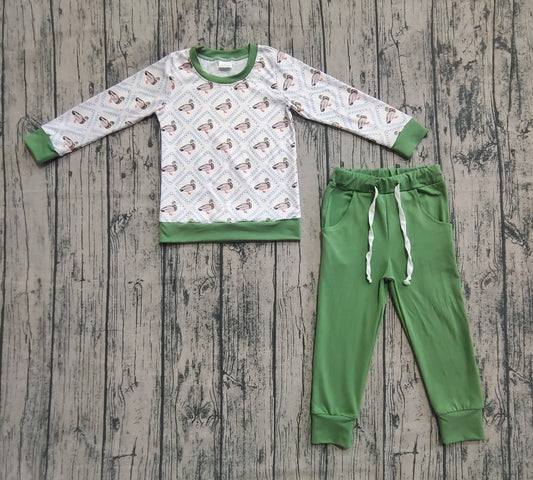 Baby Boys Long Sleeves Green Ducks Top Pockets Legging Pant Pajamas Sets