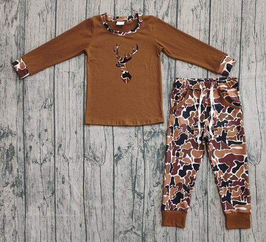 Embroidery Camo Deer Baby Boys Brown Top Pockets Leggings Clothes Set