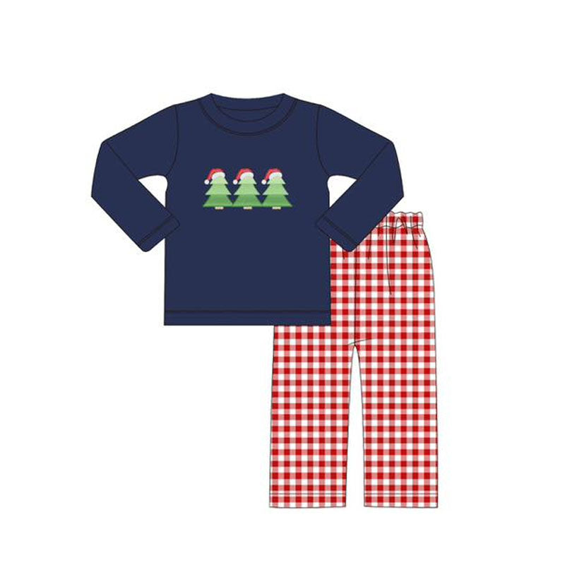 Baby Boys Navy Long Sleeves Trees Hats Top Red Plaid Flame Pant Set Preorder