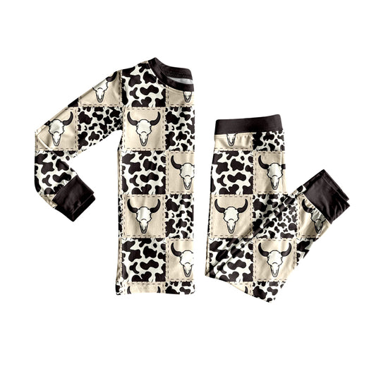 Baby Boys Long Sleeves Cows Print Bull Skull Plaid Top Pant Pajamas Set Preorder