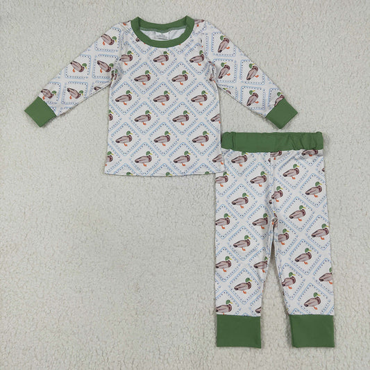 Baby Boys Long Sleeves Green Ducks Plaid Top Pant Pajamas Sets