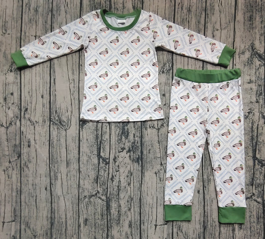 Baby Boys Long Sleeves Green Ducks Plaid Top Pant Pajamas Sets