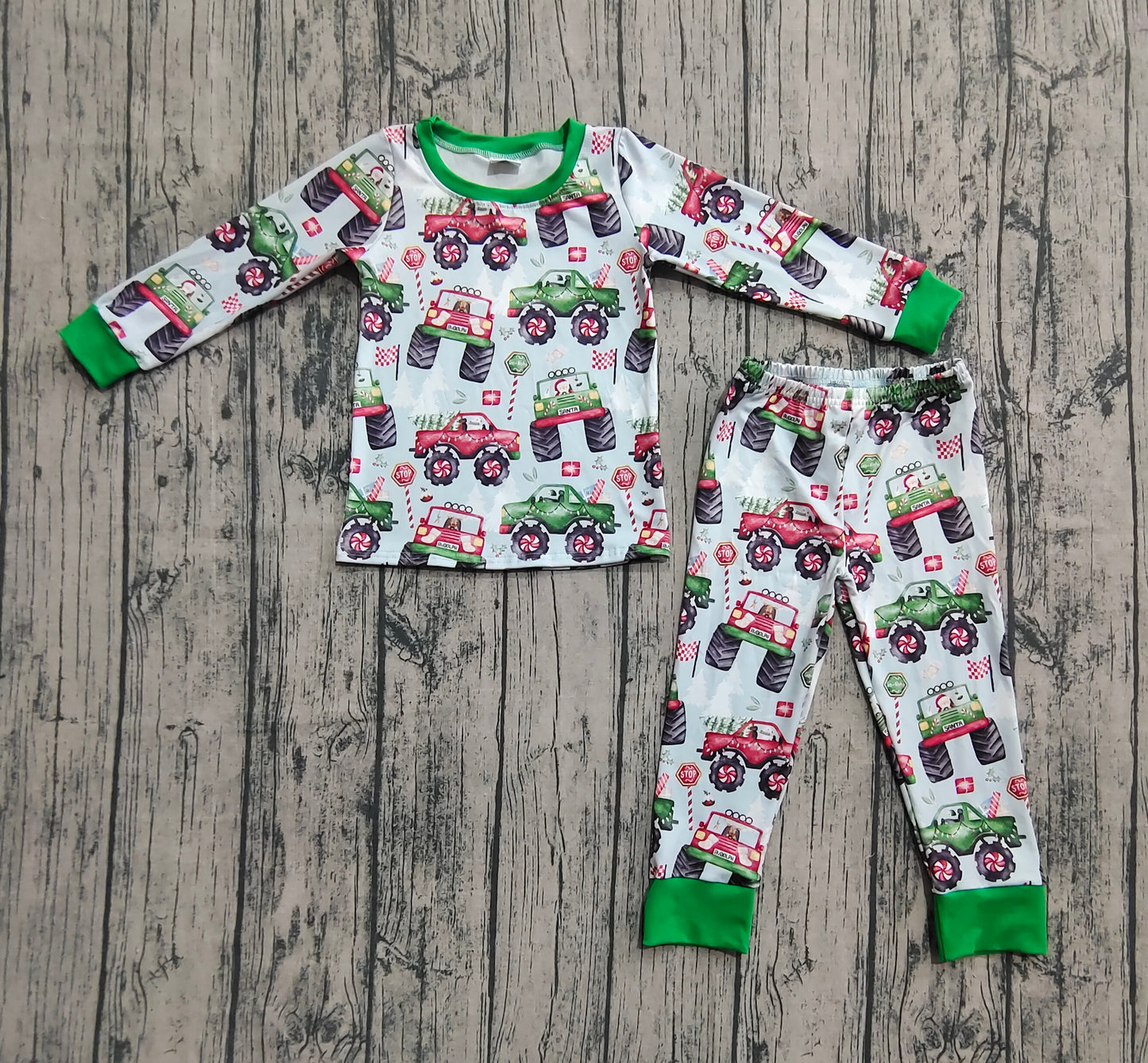 Baby Boys Long Sleeves Trucks Trees Flags Top Pant Pajamas Set