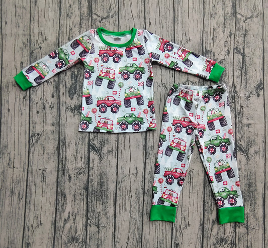 Baby Boys Long Sleeves Trucks Trees Flags Top Pant Pajamas Set