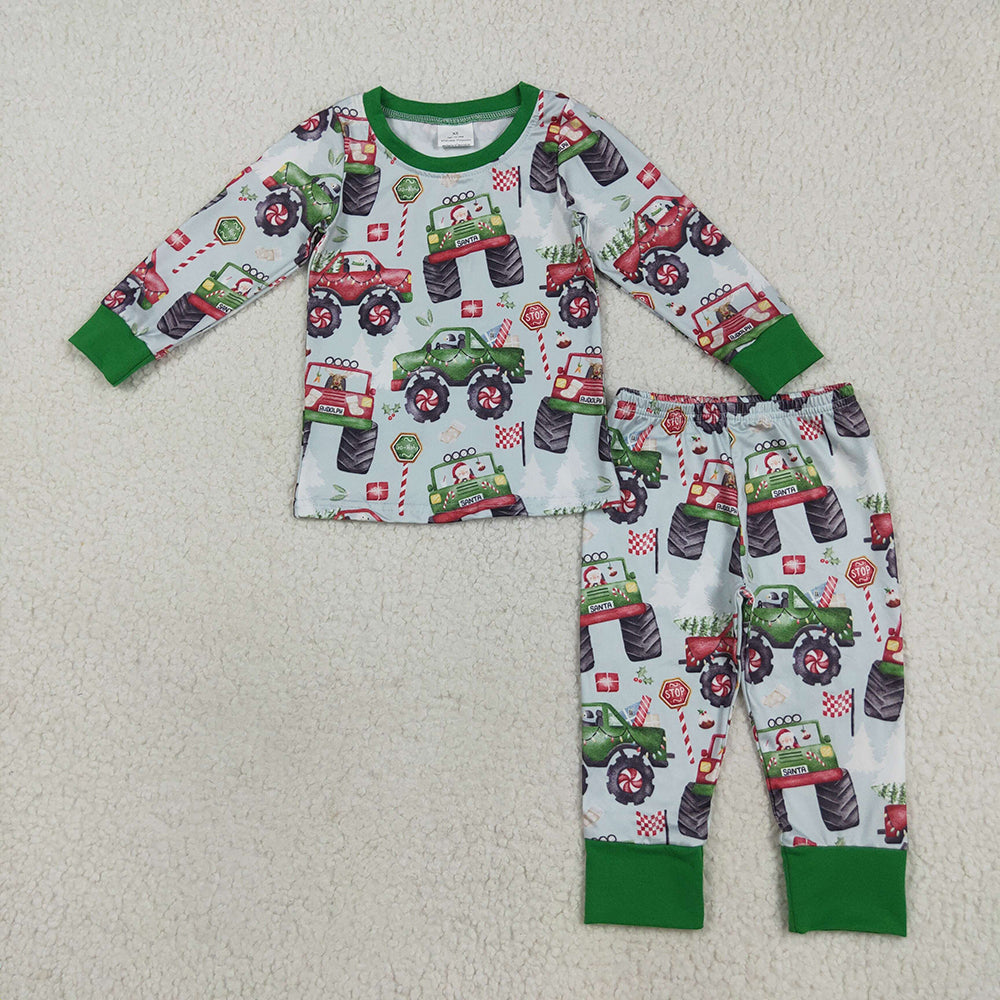 Baby Boys Long Sleeves Trucks Trees Flags Top Pant Pajamas Set