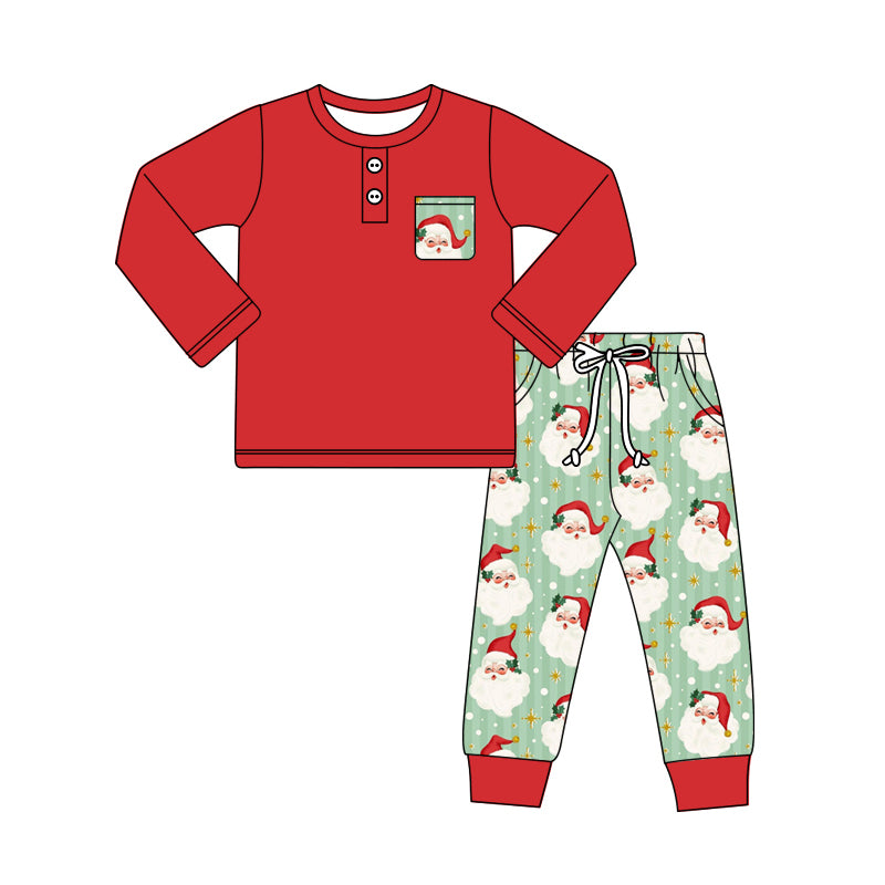 Preorder moq 5 Baby Boys Red Long Sleeves Pockets Button Top Santa Stars Pant Set