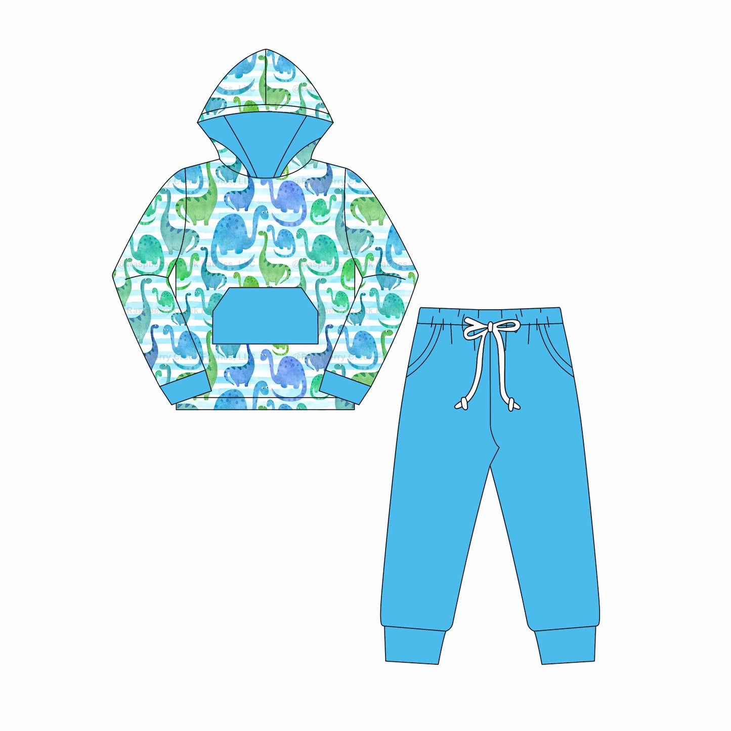 Preorder moq 5 Baby Boys Blue Long Sleeves Dinosaurs Pocket Hoodies Top Pant Set