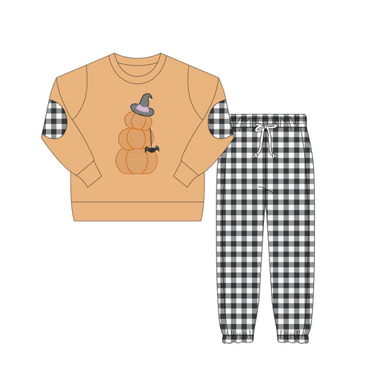 Baby Boys Orange Long Sleeves Pumpkins Hat Top Black Plaid Pant Set Preorder