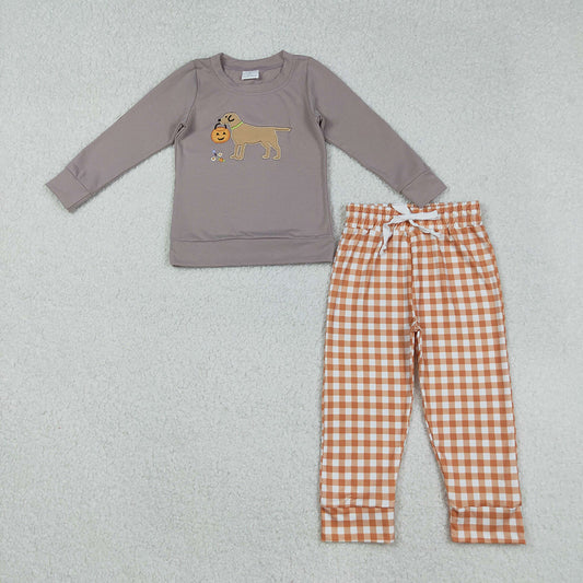 Baby Boys Halloween Ghost Pumpkins Dog Top Orange Plaid Pant Sets