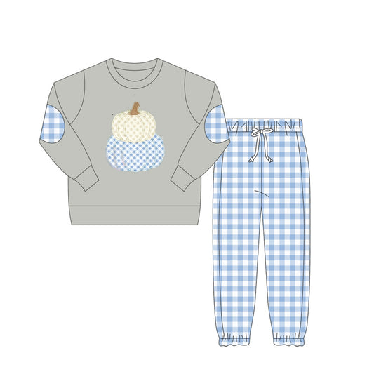 Baby Boys Gray Long Sleeves Pumpkins Top Blue Plaid Pant Set Preorder