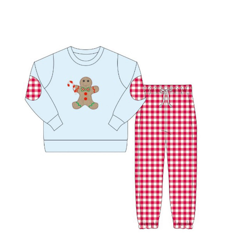 Baby Boys Blue Long Sleeves Gingerbread Top Red Plaid Pant Set Preorder